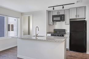 Washington apartment for rent - A kitchen with black appliances and a granite countertop.