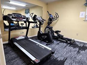 Salisbury apartment for rent - A home gym with a treadmill, elliptical machines, and stationary bikes.