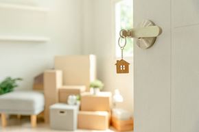 Selbyville apartment for rent - A key hanging from a door handle with boxes and a plant in the background.