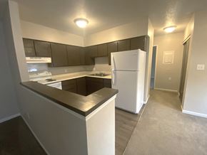 Moweaqua apartment for rent - a kitchen with white appliances and dark cabinets and a white refrigerator