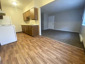Moweaqua apartment for rent - an empty living room with a kitchen and wood flooring