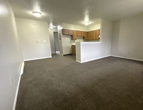 Maroa apartment for rent - an empty living room with a kitchen in the background