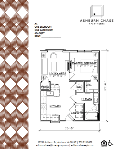 Floor plan for 1 bed, 1 bath, 606 sqft