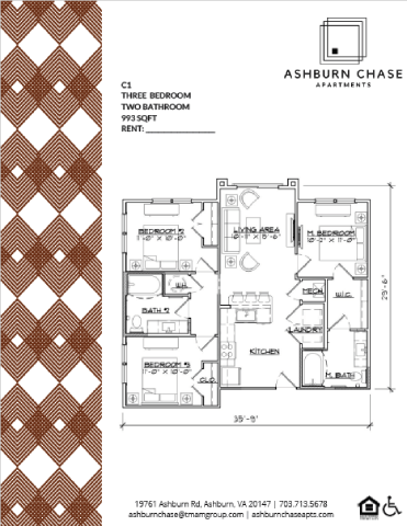 Floor plan for 3 beds, 2 baths, 993 sqft