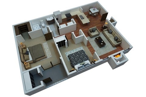 Floor plan for 2 beds, 1 bath, 888 sqft