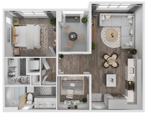 Floor plan for 1 bed, 1 bath, 734 sqft