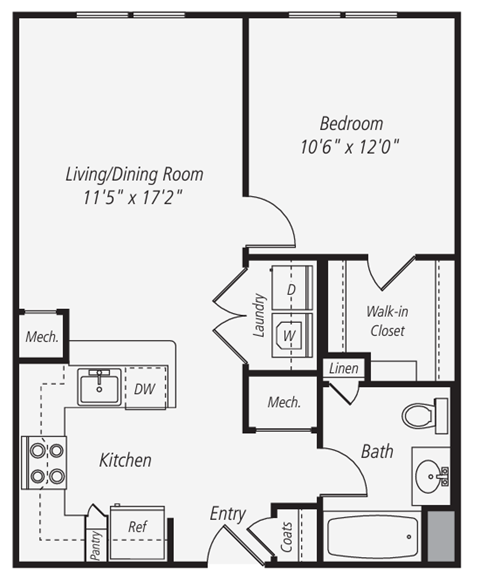 Floor plan for 1 bed, 1 bath, 656 sqft
