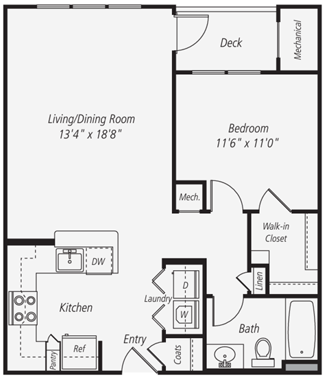 Floor plan for 1 bed, 1 bath, 730 sqft