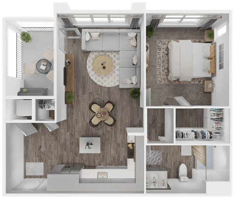 Floor plan for 1 bed, 1 bath, 697 sqft