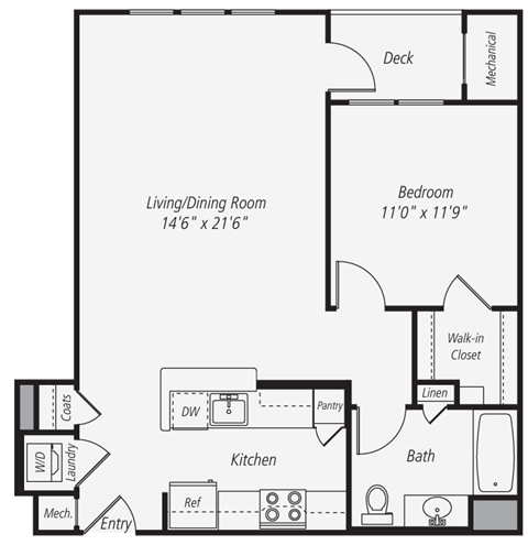 Floor plan for 1 bed, 1 bath, 810 sqft