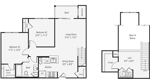 Floor plan for 2 beds, 1 bath, 1059 sqft