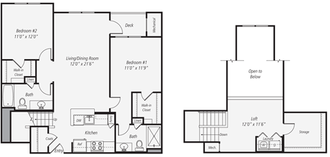 Floor plan for 2 beds, 2 baths, 1370 sqft