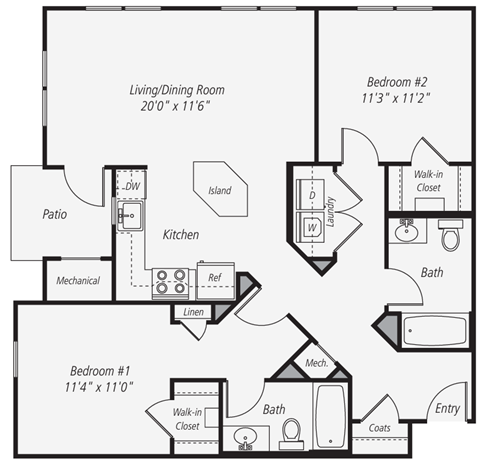 Floor plan for 2 beds, 2 baths, 1065 sqft