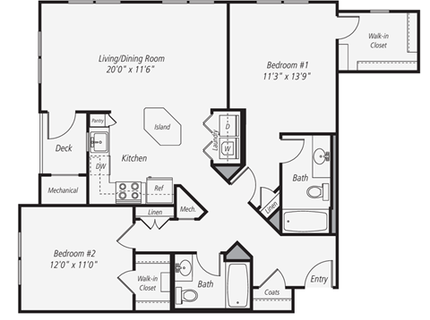 Floor plan for 2 beds, 2 baths, 1124 sqft
