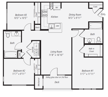 Floor plan for 3 beds, 2 baths, 1213 sqft