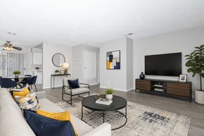 Lancaster apartment for rent - A modern living room with a white sofa, a black coffee table, and a TV on a wooden stand.