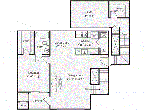 Floor plan for 1 bed, 1 bath, 1011 sqft