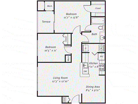 Floor plan for 2 beds, 1 bath, 920 sqft