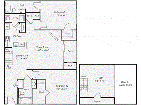 Floor plan for 2 beds, 2 baths, 1436 sqft