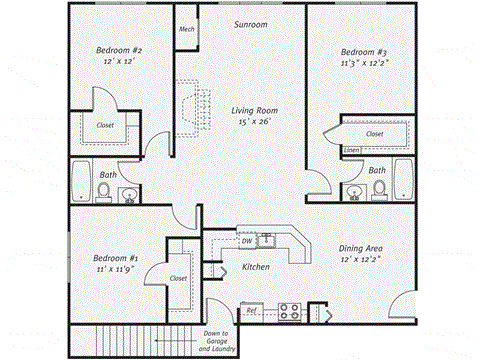 Floor plan for 3 beds, 2 baths, 1539 sqft