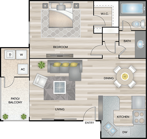 Floor plan for 1 bed, 1 bath, 656 sqft