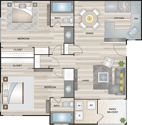 Floor plan for 2 beds, 2 baths, 880 sqft