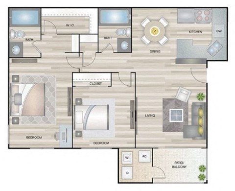 Floor plan for 2 beds, 2 baths, 872 sqft