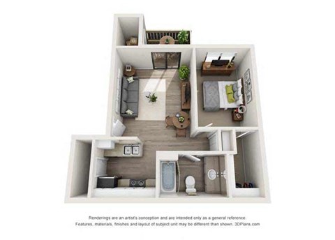 Floor plan for 1 bed, 1 bath, 570 sqft