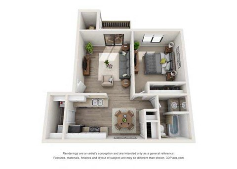 Floor plan for 1 bed, 1 bath, 670 sqft