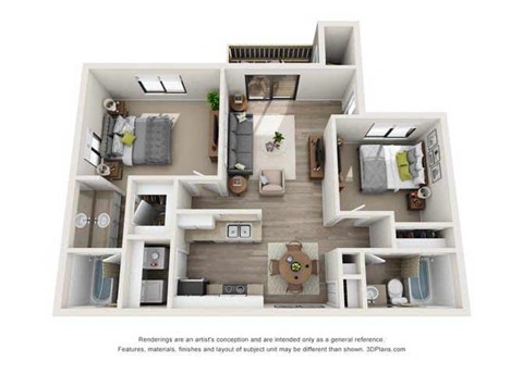 Floor plan for 2 beds, 2 baths, 900 sqft