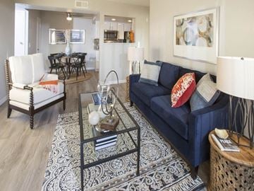Santa Maria apartment for rent - A living room with a blue couch and a glass coffee table.