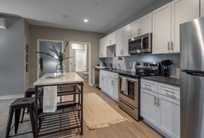Nashville apartment for rent - a kitchen with stainless steel appliances and a wooden table