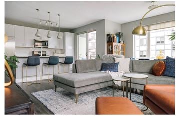Downers Grove apartment for rent - a living room with a couch and a kitchen in the background