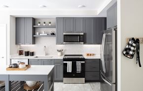 Alexandria apartment for rent - a modern kitchen with gray cabinets and a white counter top
