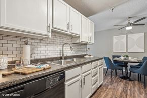 Eden Prairie apartment for rent - A kitchen with a black dishwasher and white cabinets.