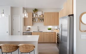 Johns Island apartment for rent - A modern kitchen with a white countertop and wooden cabinets.