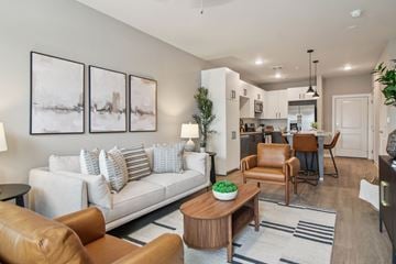 Savannah apartment for rent - A living room with a white couch and brown leather chairs.