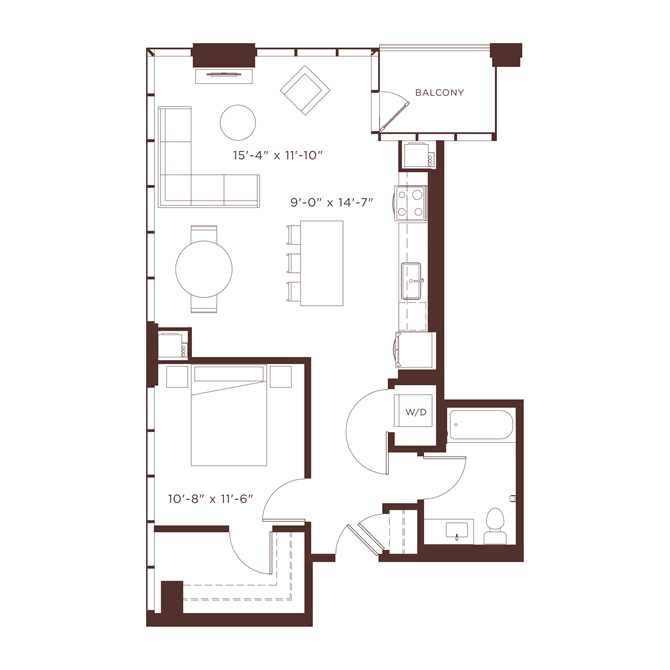 Floor plan for 1 bed, 1 bath, 840 sqft