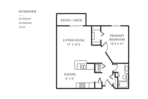 Floor plan for 1 bed, 1 bath, 774 sqft