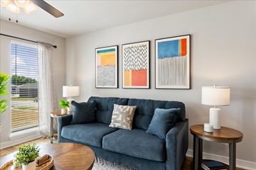 Spring Hill apartment for rent - A living room with a blue couch and three framed artworks on the wall.