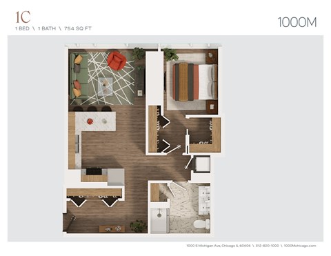Floor plan for 1 bed, 1 bath, 754 sqft