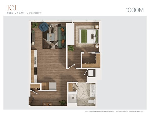 Floor plan for 1 bed, 1 bath, 754 sqft