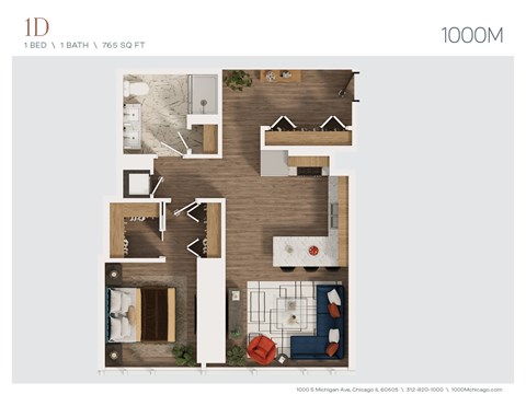 Floor plan for 1 bed, 1 bath, 765 sqft