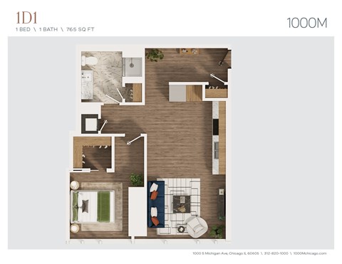 Floor plan for 1 bed, 1 bath, 765 sqft