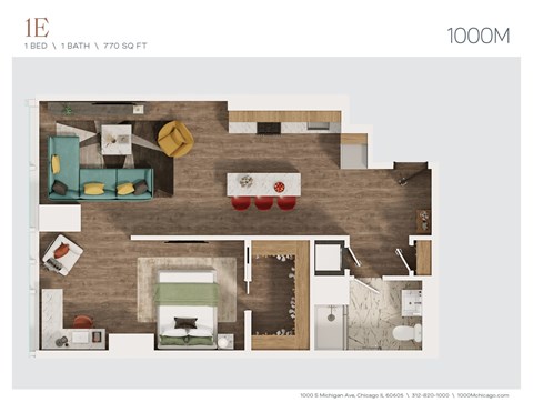 Floor plan for 1 bed, 1 bath, 770 sqft