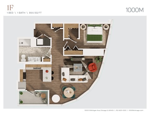 Floor plan for 1 bed, 1 bath, 855 sqft