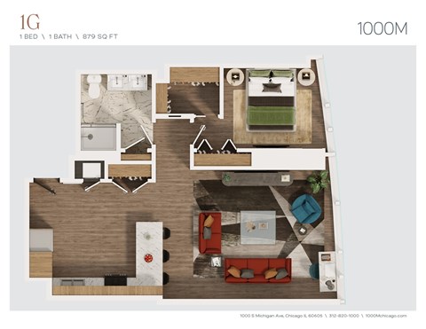 Floor plan for 1 bed, 1 bath, 879 sqft