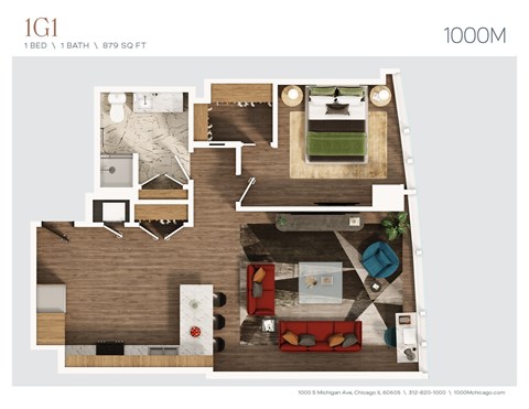 Floor plan for 1 bed, 1 bath, 879 sqft