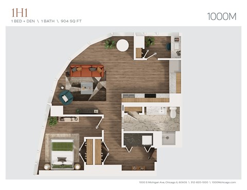 Floor plan for 1 bed, 1 bath, 904 sqft