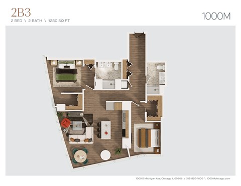 Floor plan for 2 beds, 2 baths, 1280 sqft